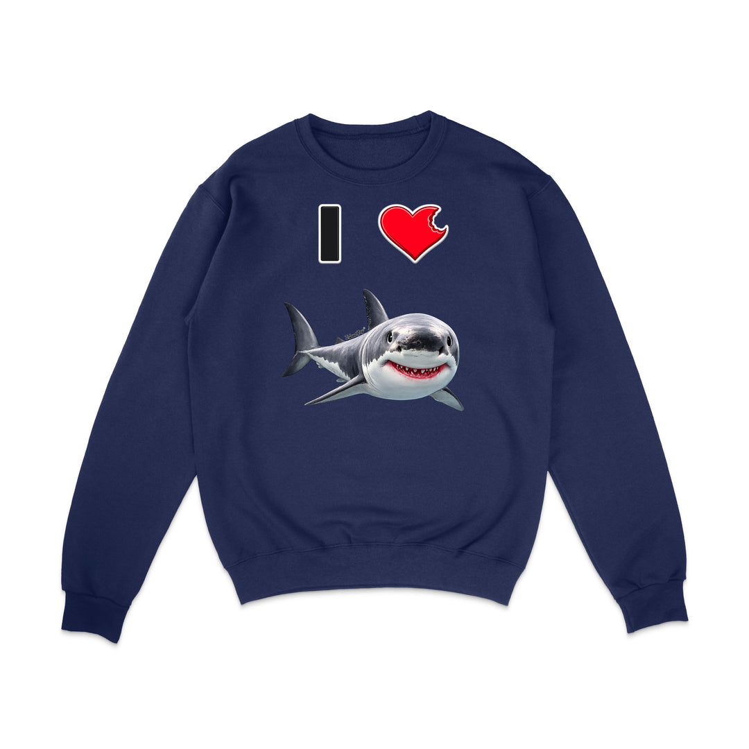 A navy blue crewneck sweatshirt featuring a graphic print of a great white shark and the text 'I' followed by a red heart and the shark, displayed on a clean white background.