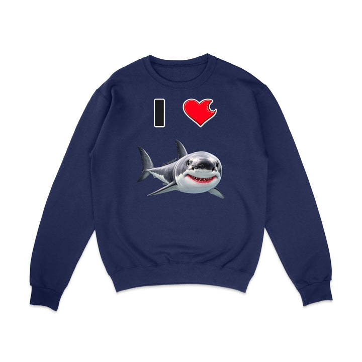 A navy blue crewneck sweatshirt featuring a graphic print of a great white shark and the text 'I' followed by a red heart and the shark, displayed on a clean white background.