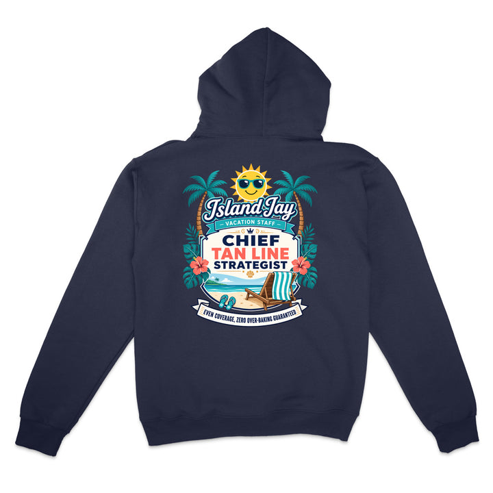 A navy blue hoodie shown from the back, featuring a colorful graphic print with a sun, palm trees, a beach chair, and text that reads 'IslandJays' and 'CHIEF TAN LINE STRATEGIST'.