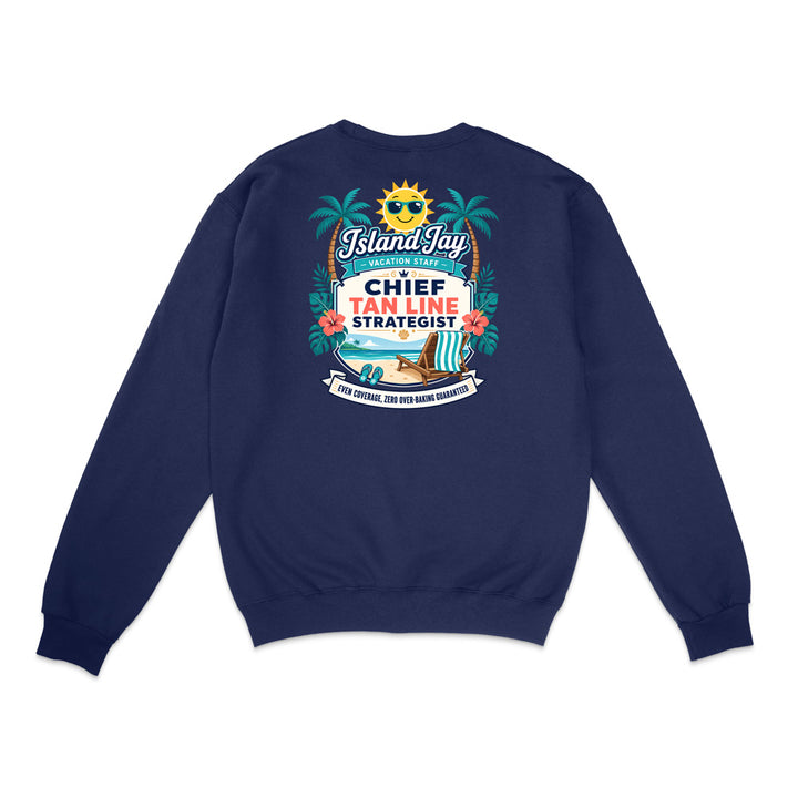 A navy blue crewneck sweatshirt shown from the back, featuring a colorful graphic print with palm trees, a sun, and text that reads 'Island Jay Chief Tan Line Strategist' with 'I AM ANOTHER ONE WITH BATH TOYS'.