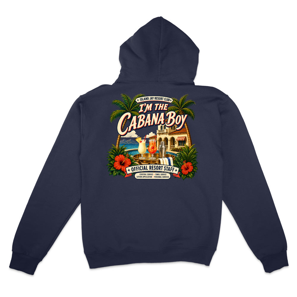 A black pullover hoodie shown from the back, featuring a large graphic print with the words 'ISLAND JAY' in red, a vintage airplane over a tropical sunset, and a banner reading 'Find Your Purpose'.
