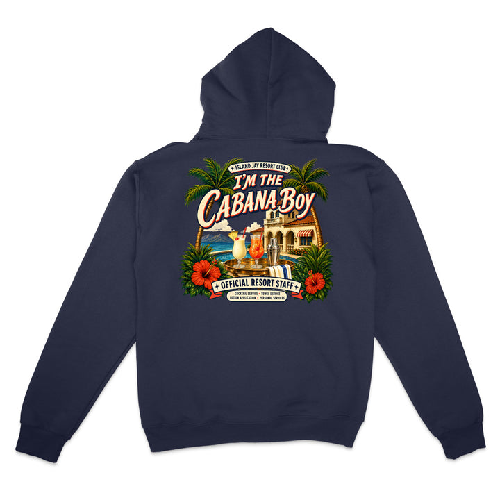 A black pullover hoodie shown from the back, featuring a large graphic print with the words 'ISLAND JAY' in red, a vintage airplane over a tropical sunset, and a banner reading 'Find Your Purpose'.