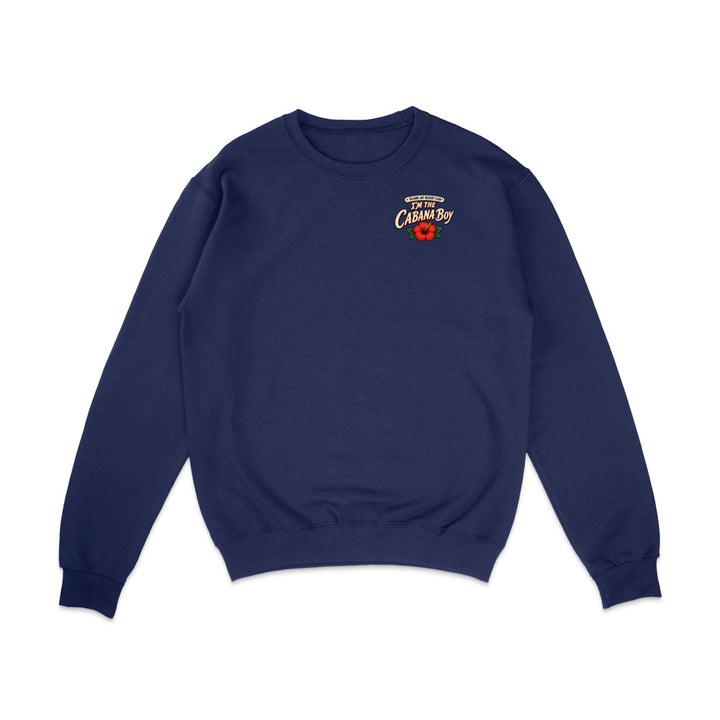 A navy blue crewneck sweatshirt with a small graphic on the left chest reading 'The Cleanest Country' in yellow and red with a red flower, displayed on a solid white background.