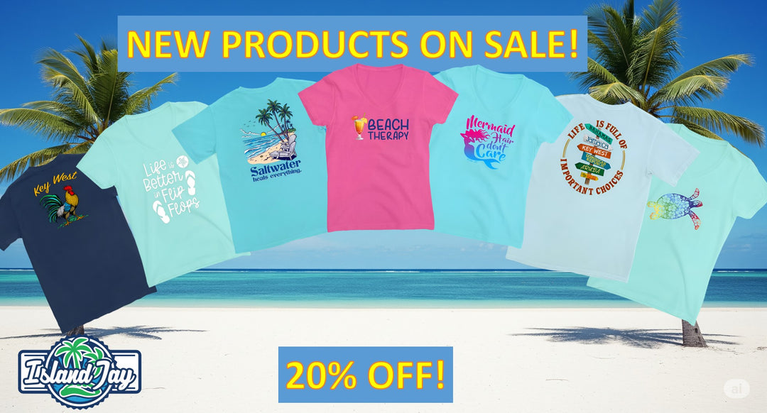 Collection of beach-themed t-shirts with promotional text on a tropical background