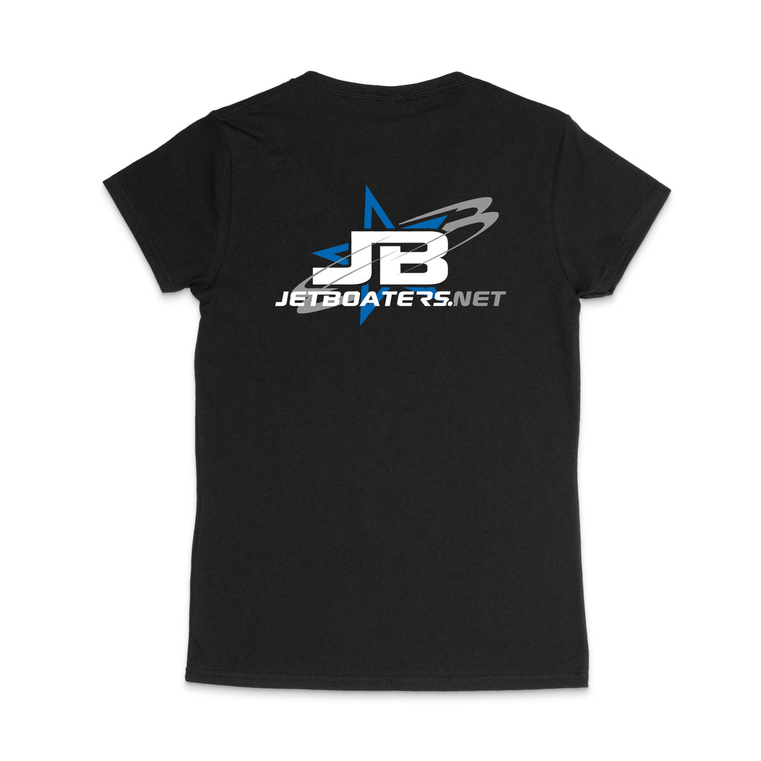 Black t-shirt with JB Jetboaters.net logo on a white background