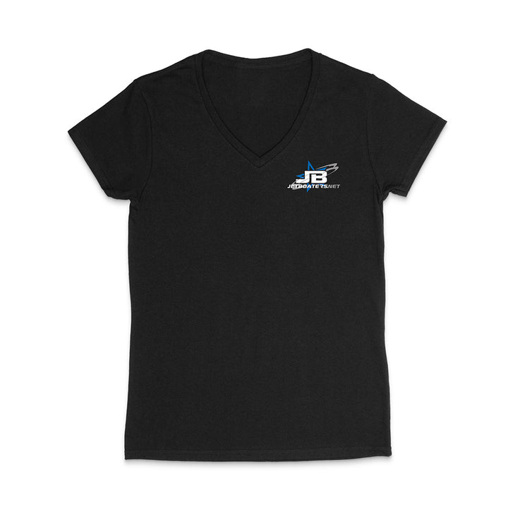 Black V-neck t-shirt with a logo on the chest against a white background