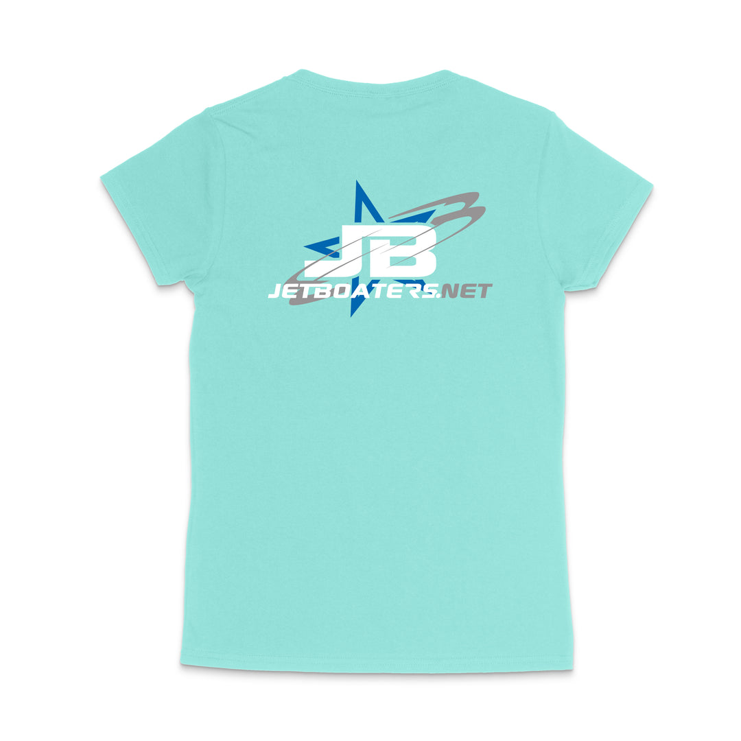 Light blue t-shirt with a logo and text on the back against a white background