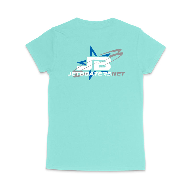 Light blue t-shirt with a logo and text on the back against a white background