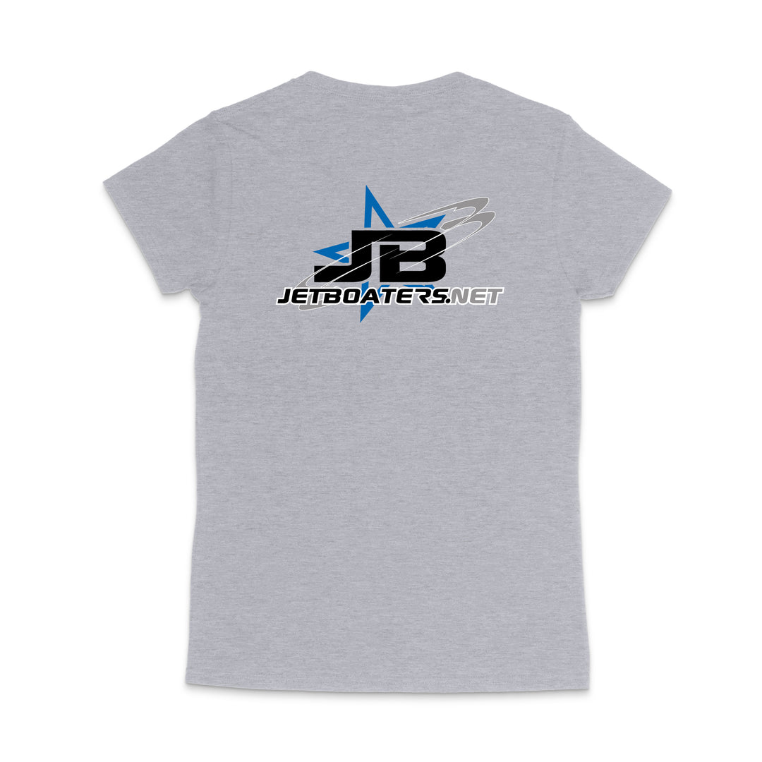 Gray t-shirt with JetBoaters.net logo on the back against a white background