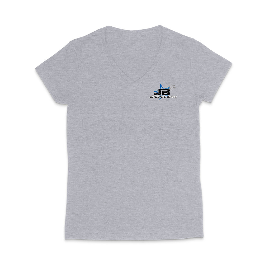 Gray t-shirt with a logo on the chest against a white background