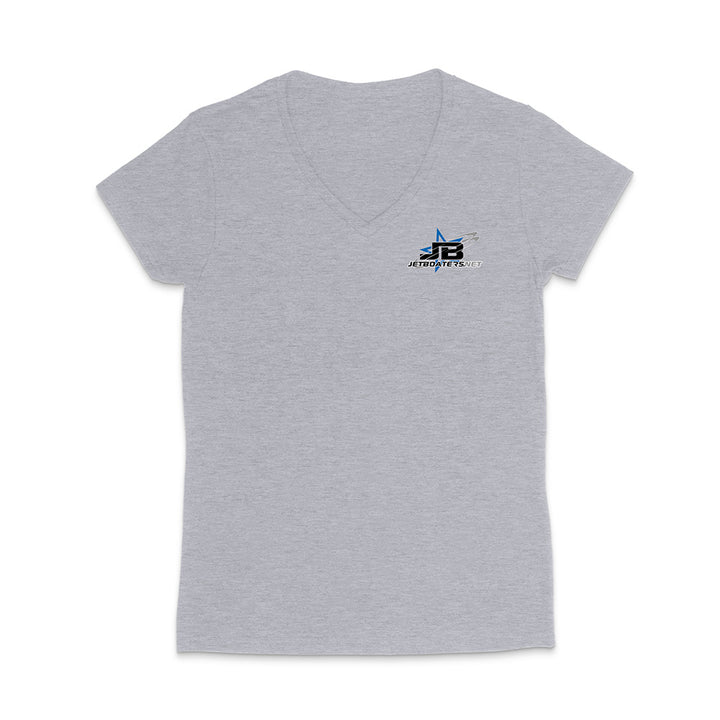 Gray t-shirt with a logo on the chest against a white background