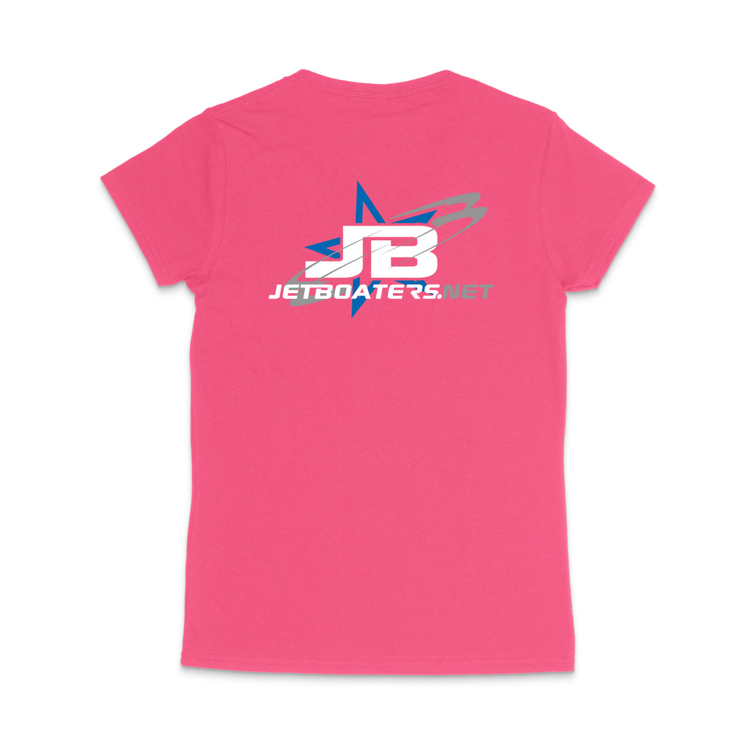 Pink t-shirt with 'JB JetBoaters.net' logo on a white background