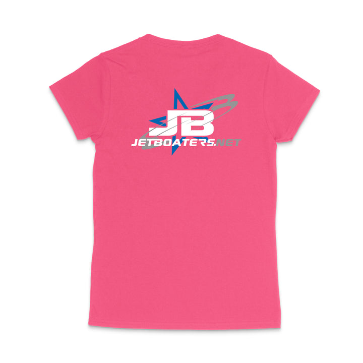 Pink t-shirt with 'JB JetBoaters.net' logo on a white background