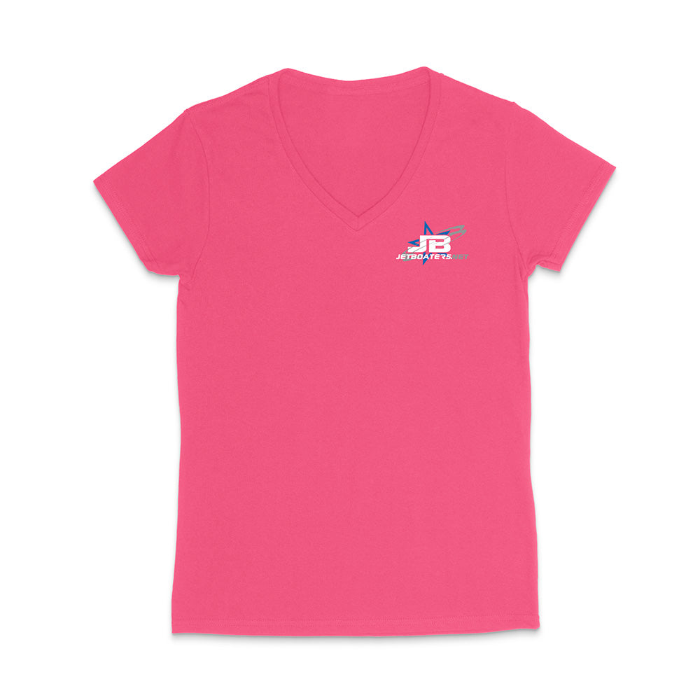 Pink V-neck t-shirt with a logo on the chest against a white background