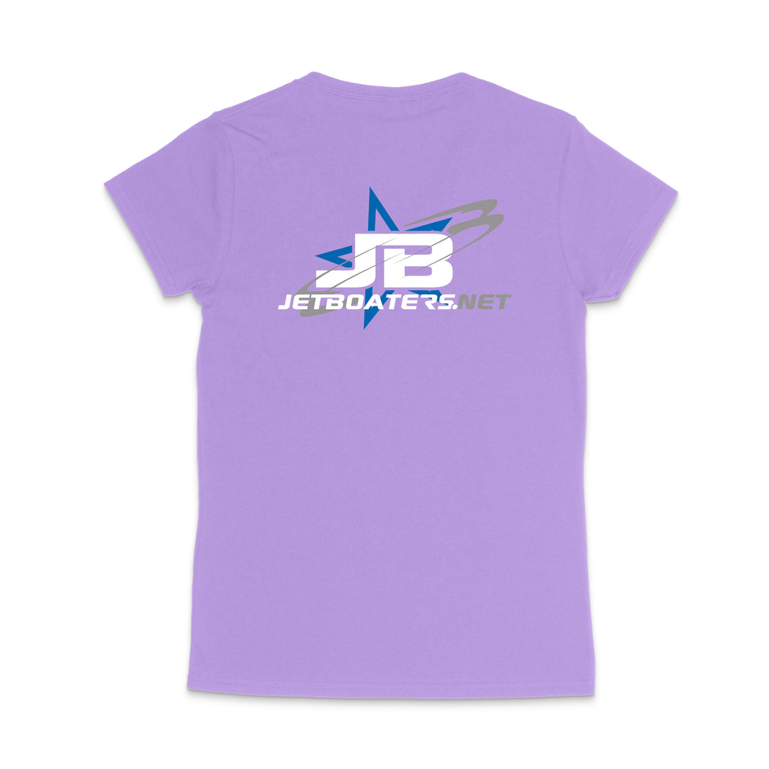 Purple t-shirt with 'JetBoaters.net' logo on a white background