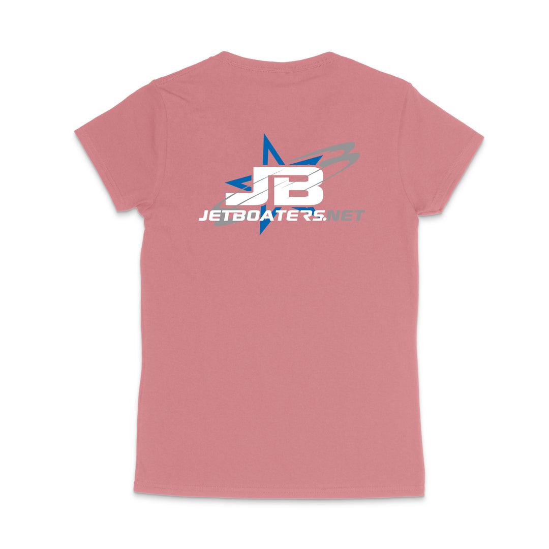 Pink t-shirt with 'JetBoaters.net' logo on a white background