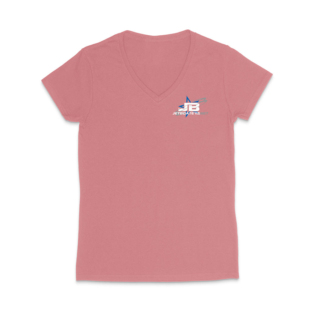 Pink t-shirt with a logo on the chest against a white background