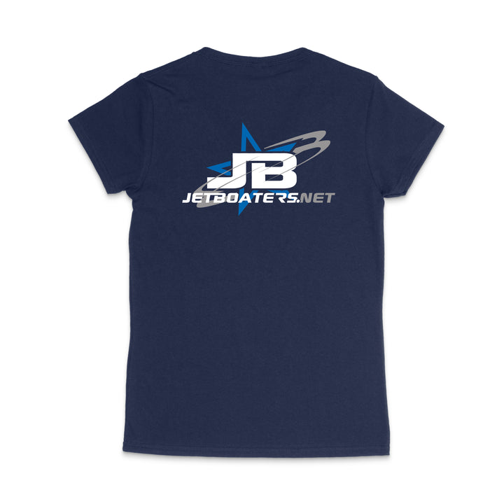 Navy blue t-shirt with 'JB JetBoaters.net' logo on a white background