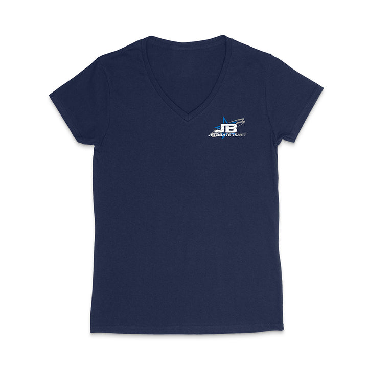 Navy blue t-shirt with a logo on the chest against a white background