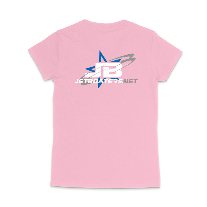 Pink t-shirt with a logo and text on the back against a white background