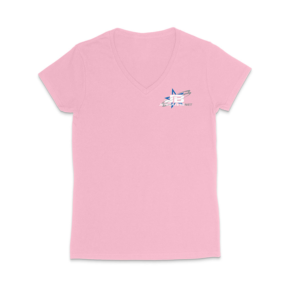 Pink t-shirt with a logo on the chest against a white background