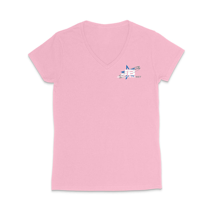 Pink t-shirt with a logo on the chest against a white background