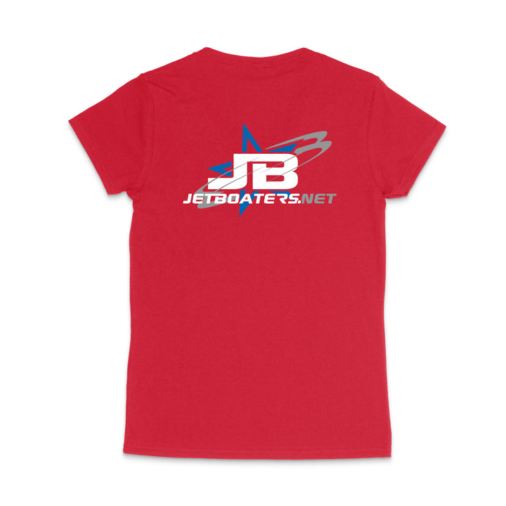 Red t-shirt with 'JB Jetboaters.net' logo on the back against a white background