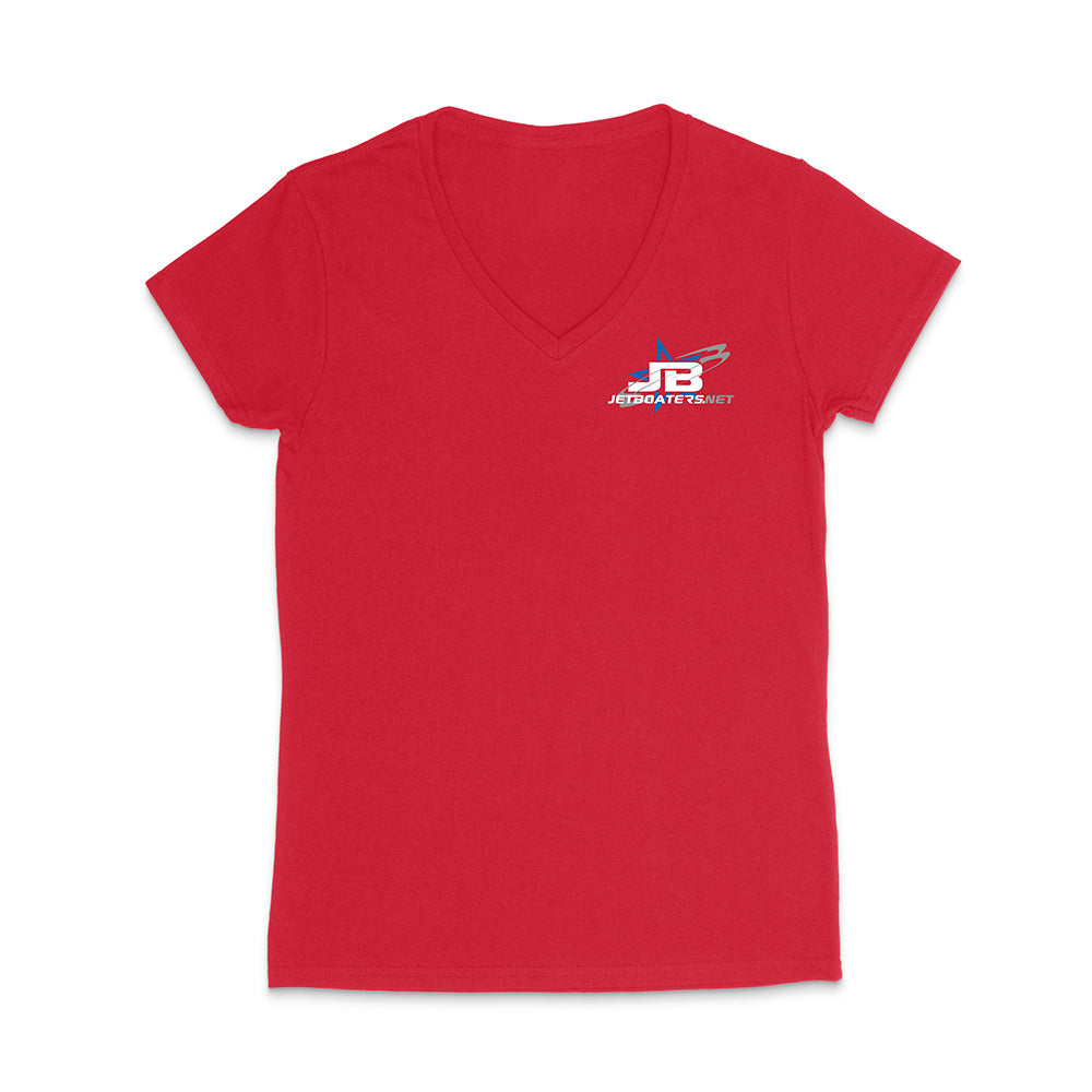 Red V-neck t-shirt with a logo on the chest against a white background