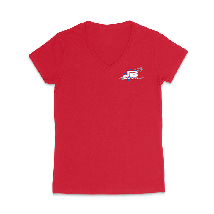 Red V-neck t-shirt with a logo on the chest against a white background