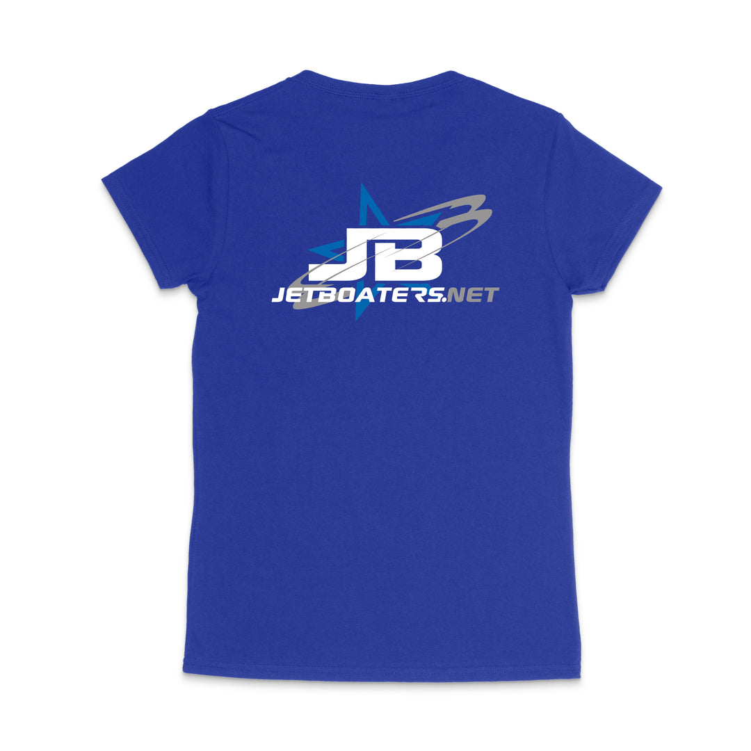 Blue t-shirt with 'JB JetBoaters.net' logo on a white background