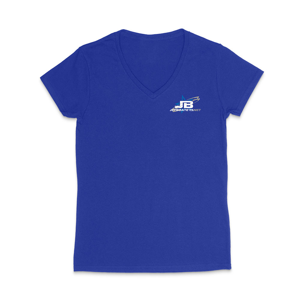 Blue t-shirt with a logo on the chest against a white background
