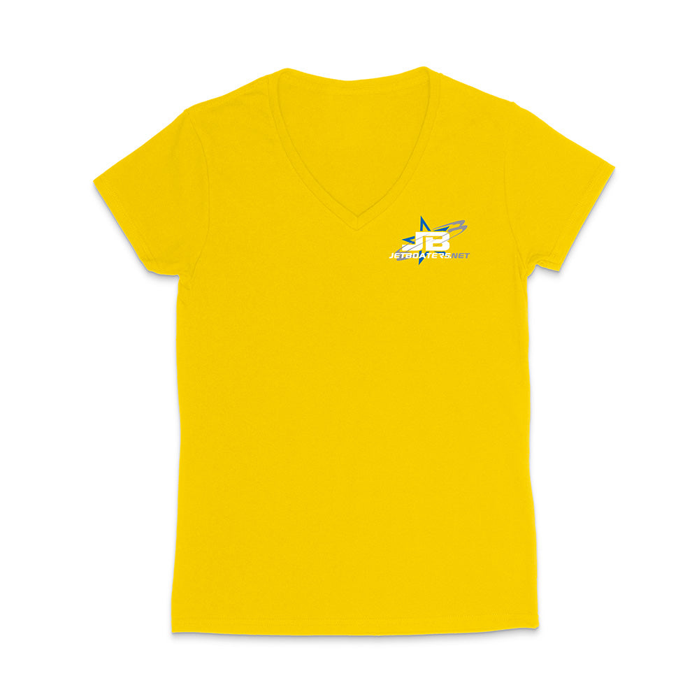 Yellow t-shirt with a logo on the chest against a white background