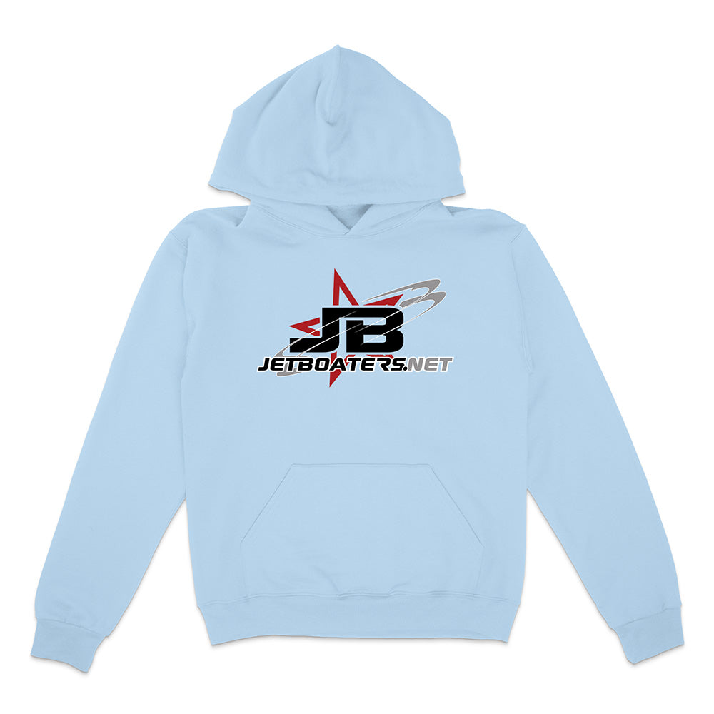 Light blue hoodie with a logo and text on a white background
