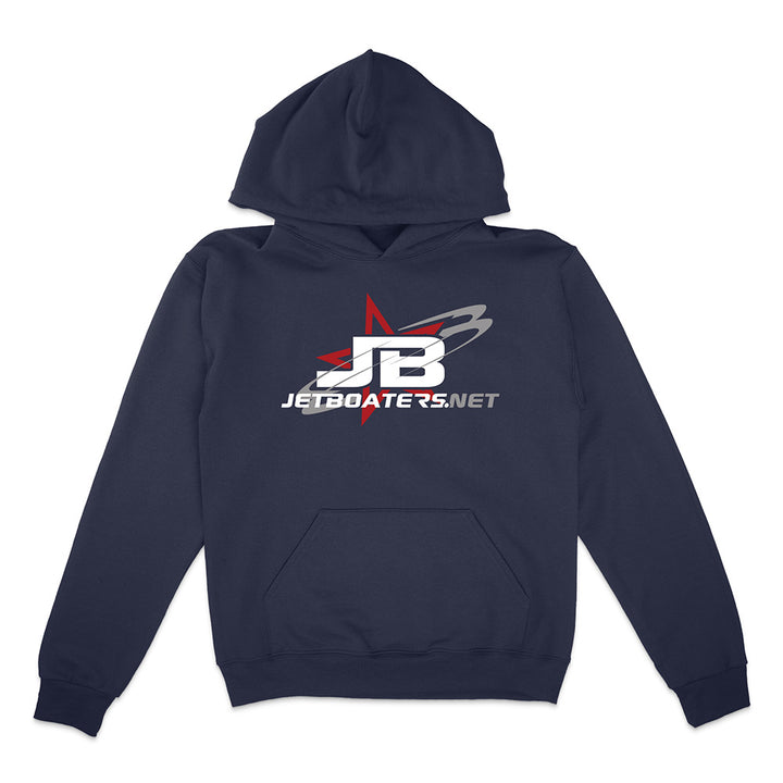 Navy blue hoodie with 'JetBoaters.net' logo on a white background