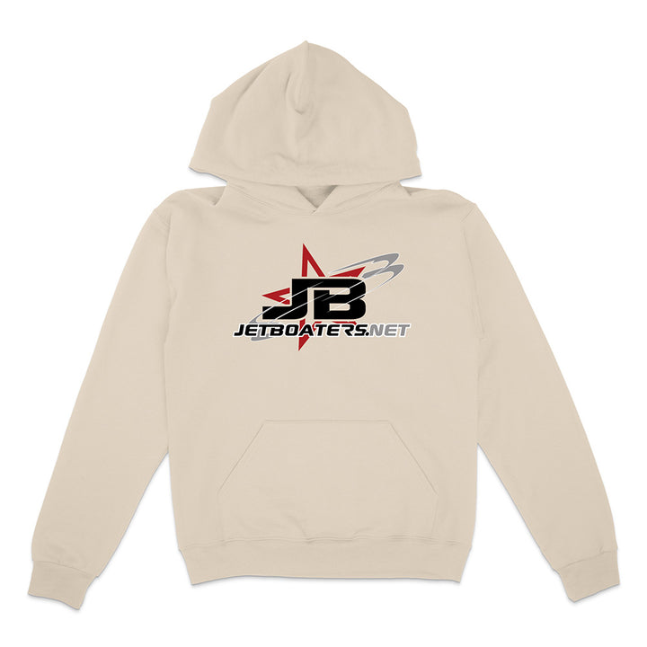Beige hoodie with a logo and text on a white background