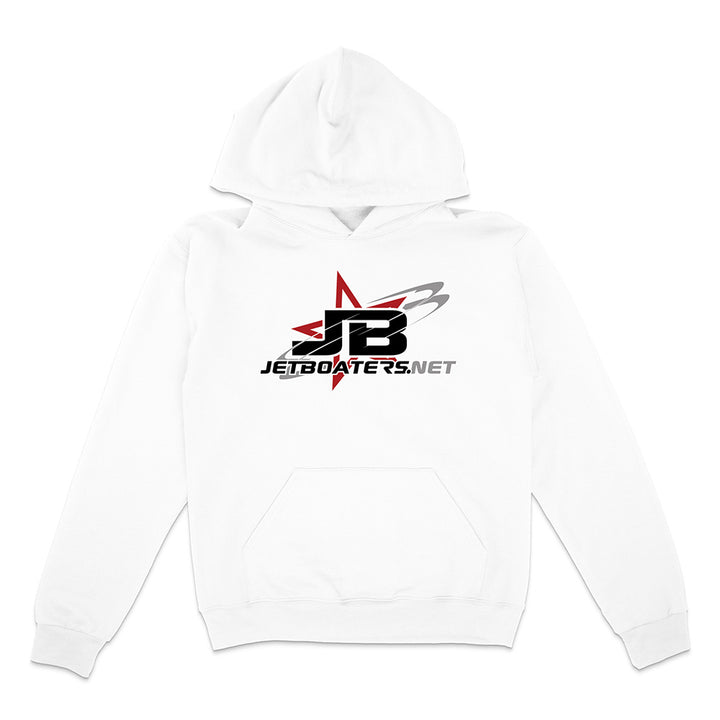 White hoodie with a logo and text on a white background
