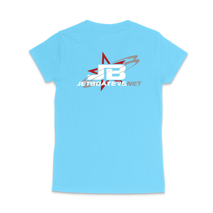 Light blue t-shirt with a logo and text on the back against a white background