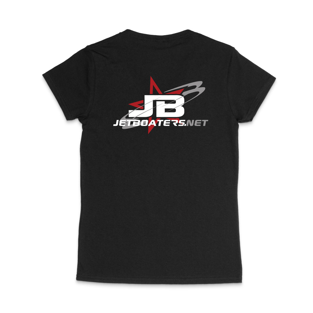 Black t-shirt with JB Jetboaters.net logo on a white background