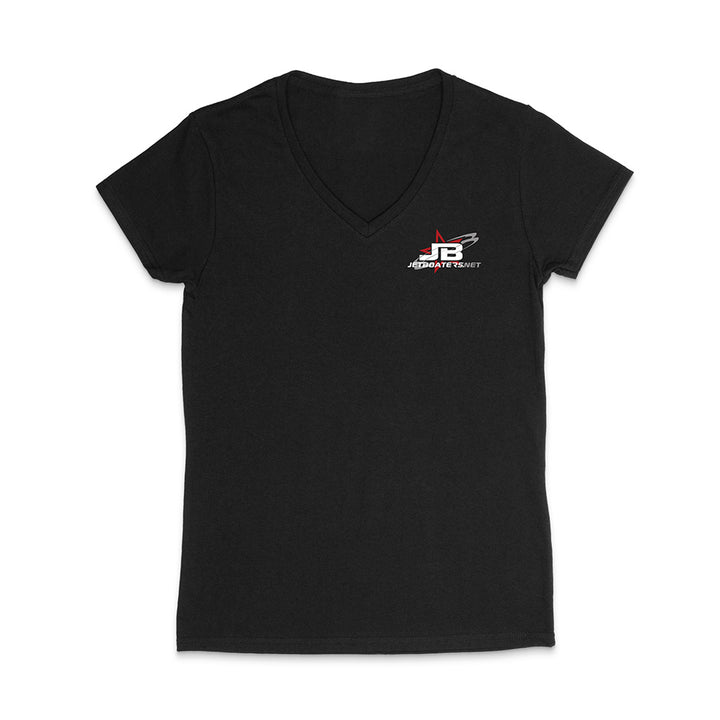 Black V-neck t-shirt with a logo on the chest against a white background