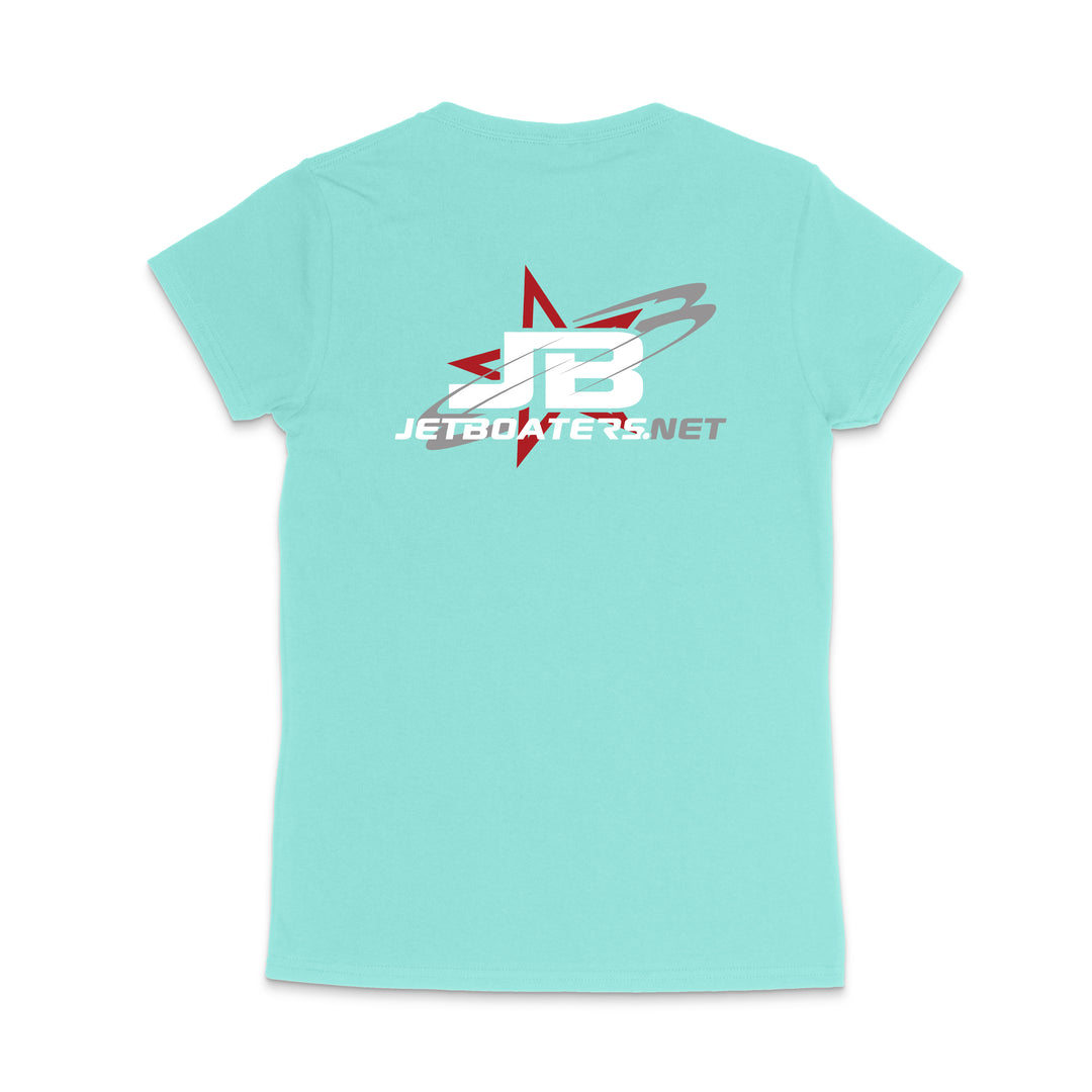 Light blue t-shirt with a logo and text on the back against a white background