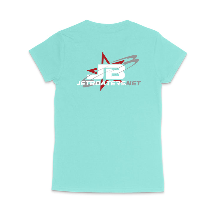 Light blue t-shirt with a logo and text on the back against a white background