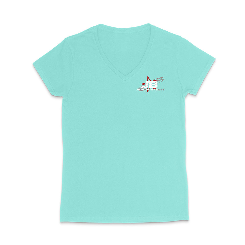 Light blue t-shirt with a logo on the chest against a white background