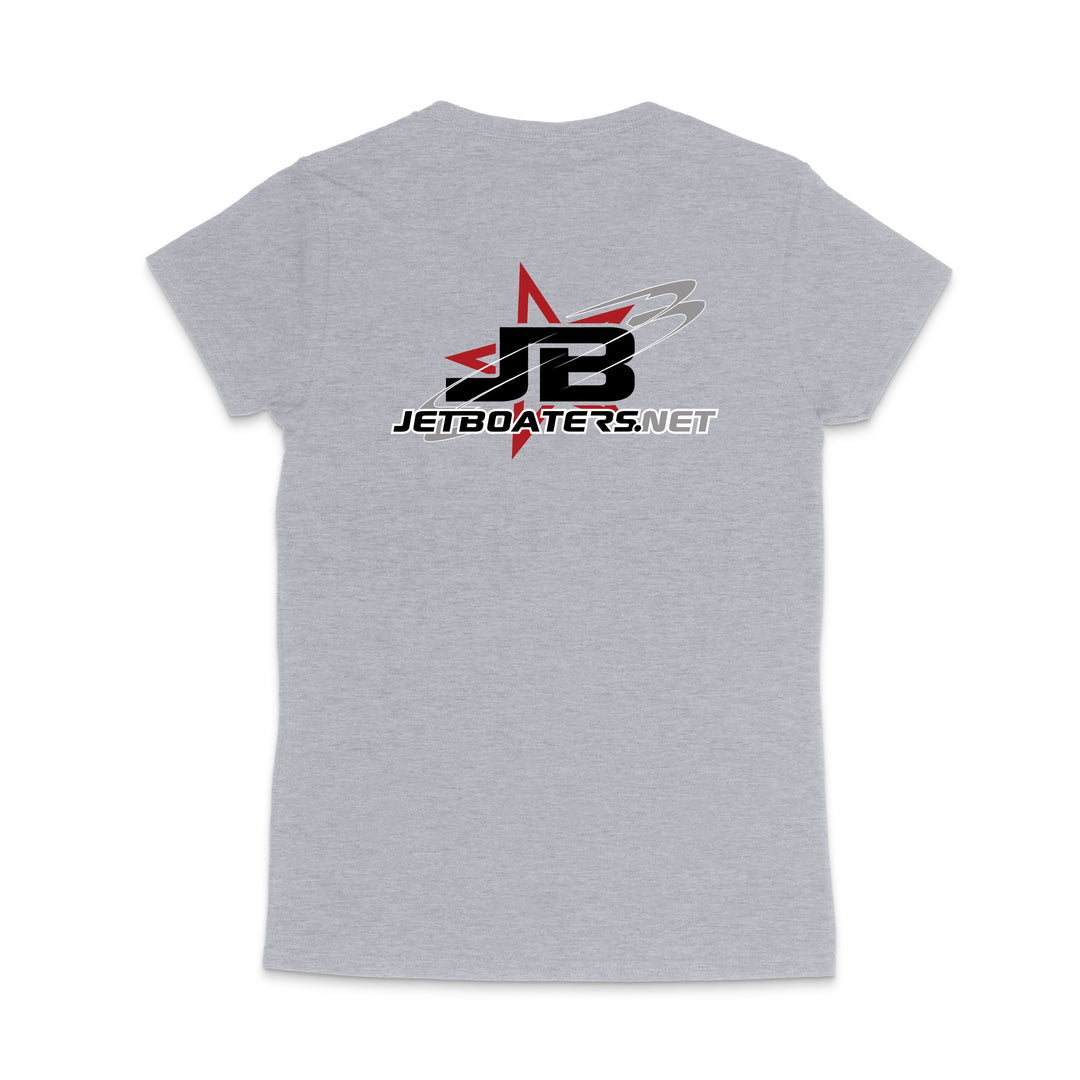 Gray t-shirt with JetBoaters.net logo on the back against a white background