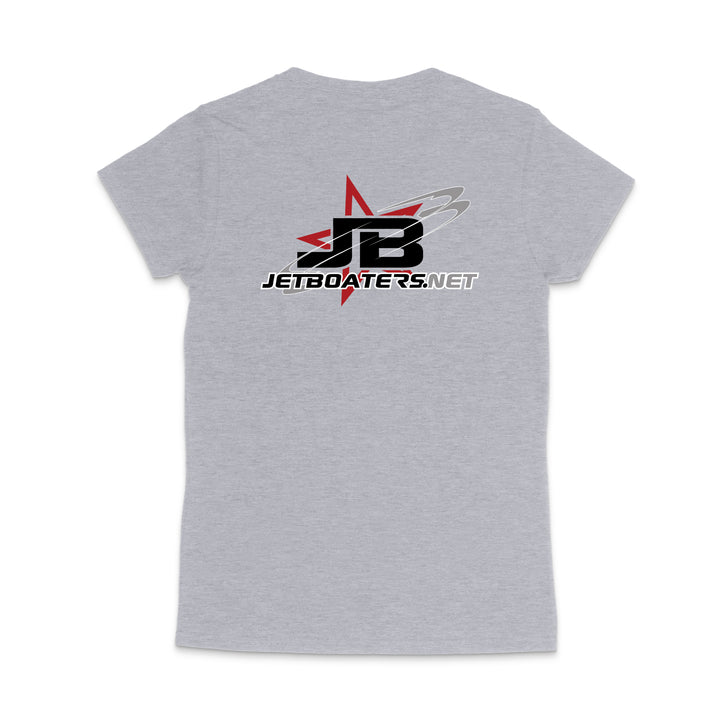 Gray t-shirt with JetBoaters.net logo on the back against a white background