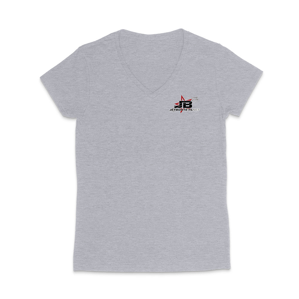 Gray t-shirt with a logo on the chest against a white background