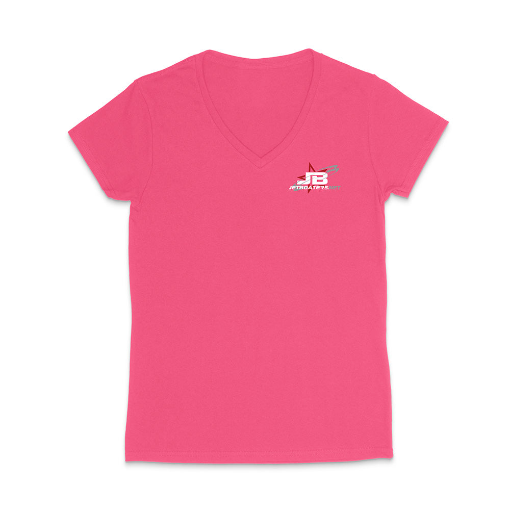 Pink V-neck t-shirt with a logo on the chest against a white background