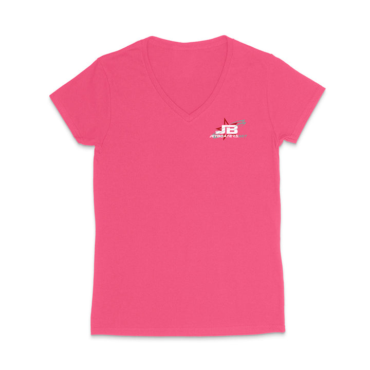 Pink V-neck t-shirt with a logo on the chest against a white background