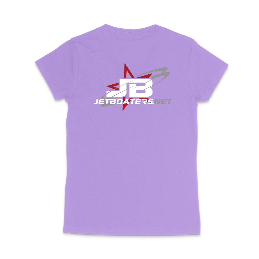 Purple t-shirt with a logo and text on the back against a white background