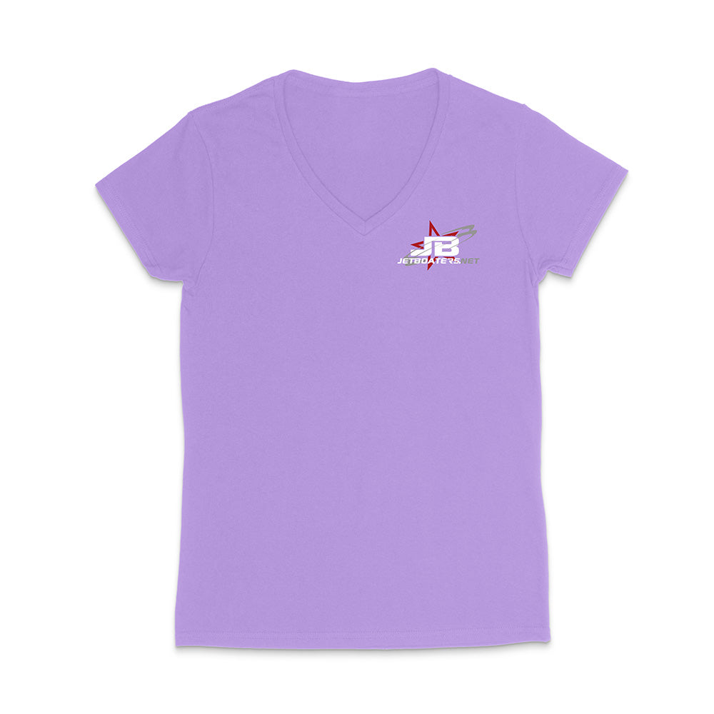 Purple t-shirt with a logo on the chest against a white background