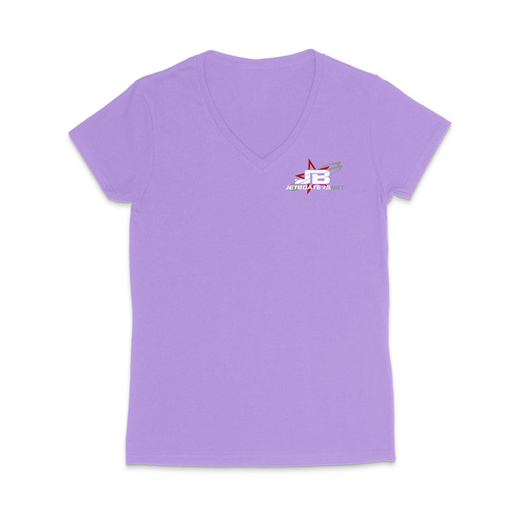 Purple t-shirt with a logo on the chest against a white background